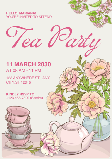 Pink, Green & White Illustrated Tea Party Invitation Template