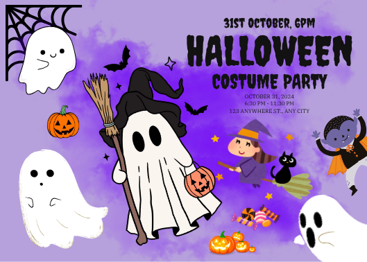Purple and White Illustrative Halloween Party Invitation