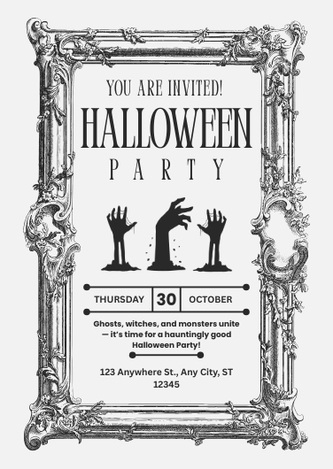 Black and White Illustrated Halloween Party Invitation