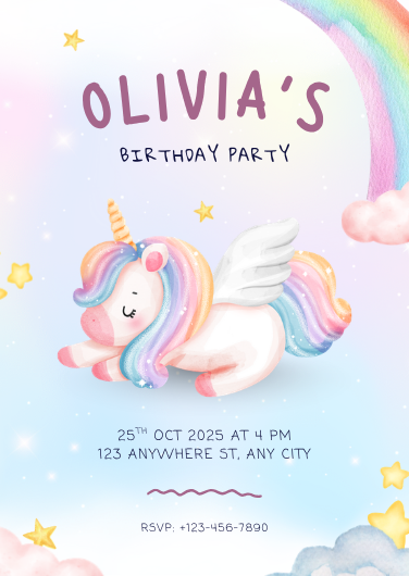 Magical Pink & Rainbow Unicorn Birthday Invitation