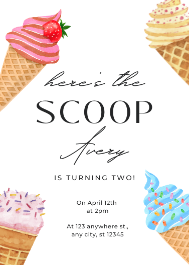 Editable Here's the Scoop Birthday Party Invitation
