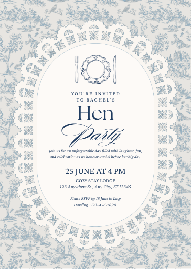 Blue & White Vintage Hen Party Invitation Template