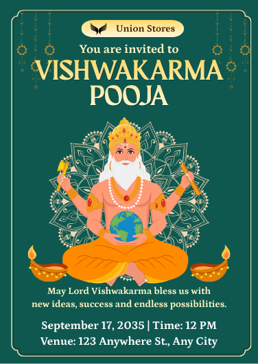 Teal & Gold Vishwakarma Pooja Invitation Template