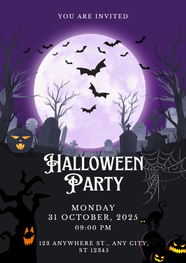 Purple & White Spooky Halloween Party Invitation