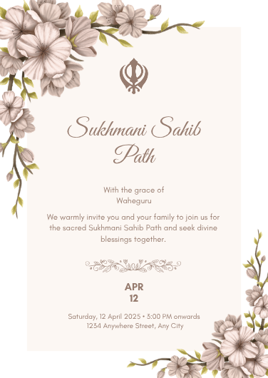 Beige and Brown Floral Sukhmani Sahib Path Invitation