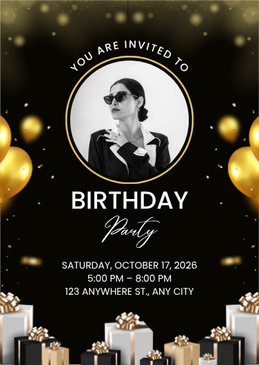 Elegant Black and Gold Birthday Party Invitation Template