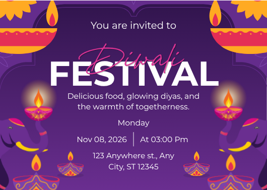 Elegant Purple and Pink Diwali Festival Invitation