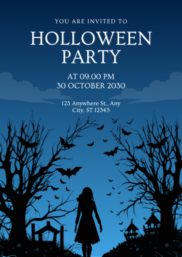 Blue & Black Silhouette Spooky Halloween Party Invitation