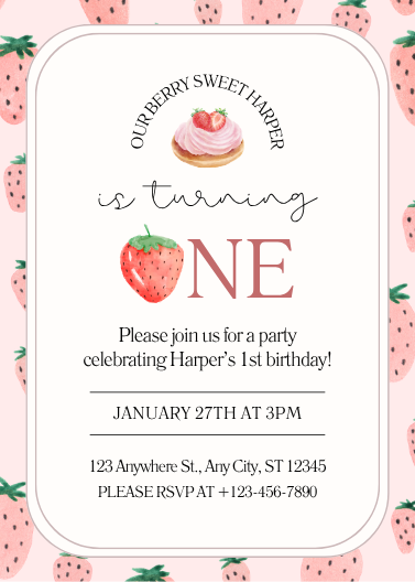Pink Strawberry First Birthday Invitation Template