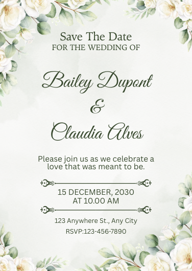 Elegant White & Green Watercolor Wedding Invitation
