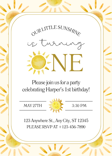 Yellow and White Sunshine First Birthday Invitation