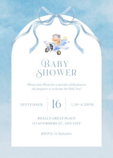 Blue Watercolor Airplane Baby Shower Invitation Template