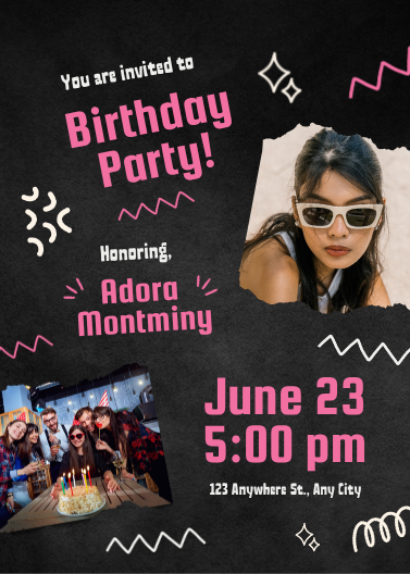 Pink and Black Doodle Aesthetic Birthday Invitation Template