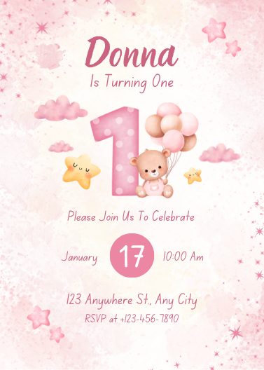 Pastel Pink Watercolor First Birthday Invitation Template