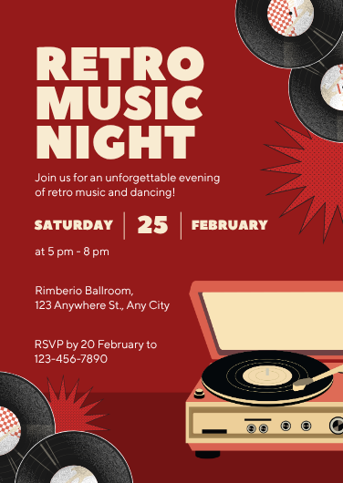 Maroon Retro Music Night Invitation Template