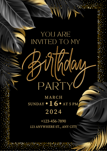 Black and Gold Tropical Leaf Birthday Party Invitation