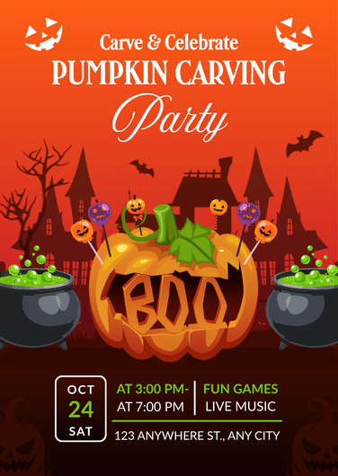 Orange & Black Spooky Pumpkin Carving Party Invitation