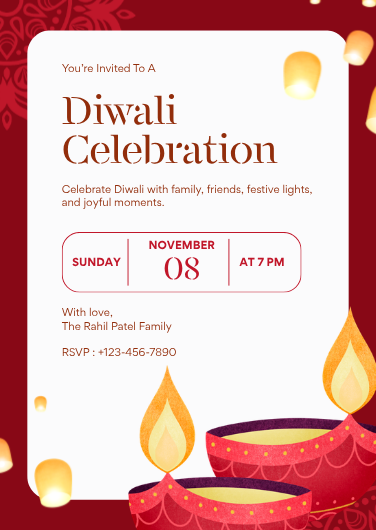 Red, Gold, and White Festive Diwali Party Invitation Design