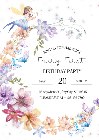 Purple and Peach Watercolor Fairy First Birthday Invitation