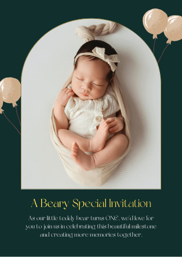 Dark Green Teddy Bear 1st Birthday Invitation Template