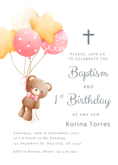 Teddy Bear Baptism and 1st Birthday Invitation Template