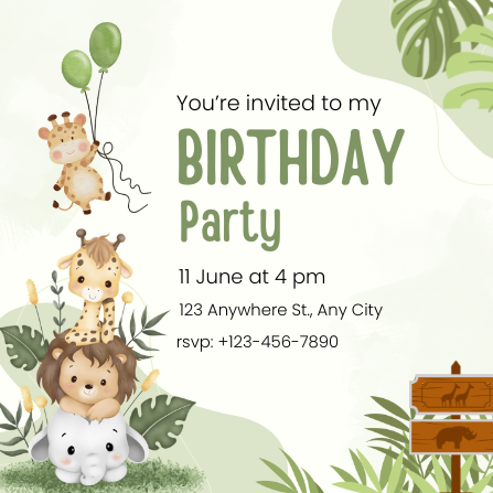 Pale Green & Cream Playful Jungle Birthday Invitation