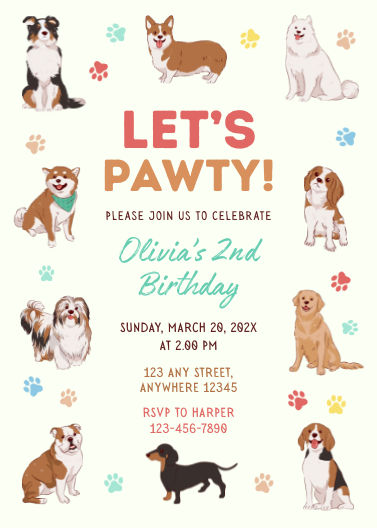 Pastel Dog and Puppy Pawty Birthday Invitation Template
