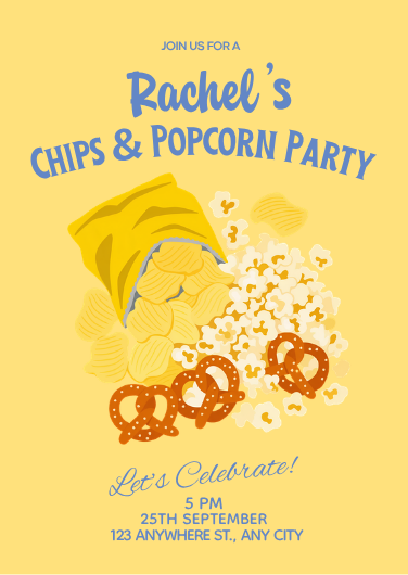 Yellow & Blue Chips and Popcorn Party Invitation Template