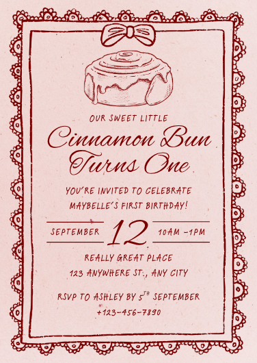 Vintage Pink & Red Cinnamon Roll 1st Birthday Invitation