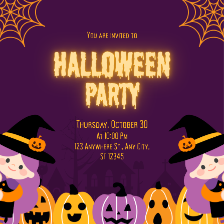 Playful Purple & Orange Halloween Party Invitation Template