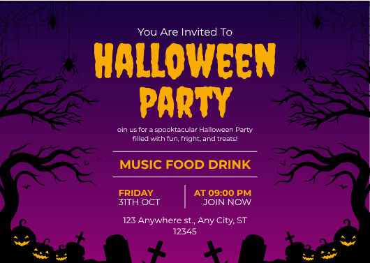 Purple & Black Illustrative Halloween Party Invitation