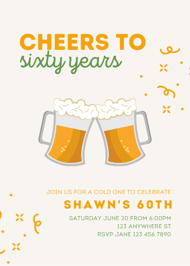 Custom Green and Orange Beer Mug 60th Birthday Invitation