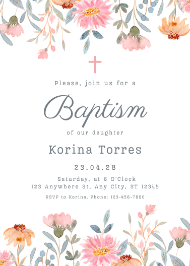 Floral Watercolor Baptism Invitation Template
