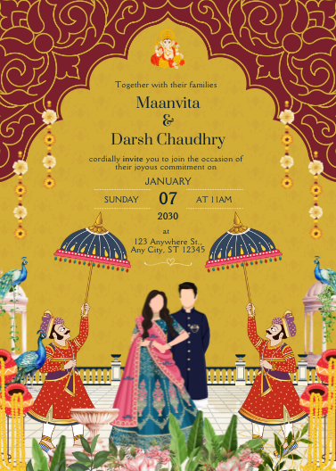 Royal Gold and Maroon Illustrated Indian Wedding Invitation