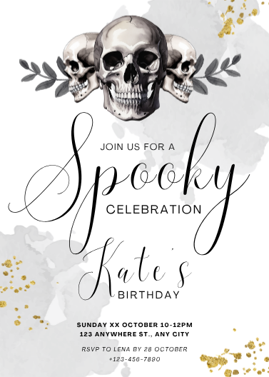 White and Grey Watercolor Halloween Adult Birthday Invitation