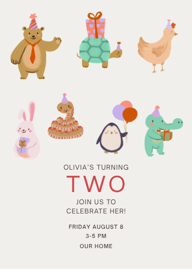 Cute Party Animals Second Birthday Invitation Template