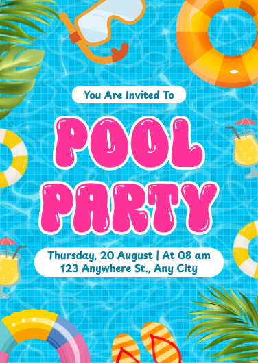 Blue and Pink Playful Pool Party Invitation Template
