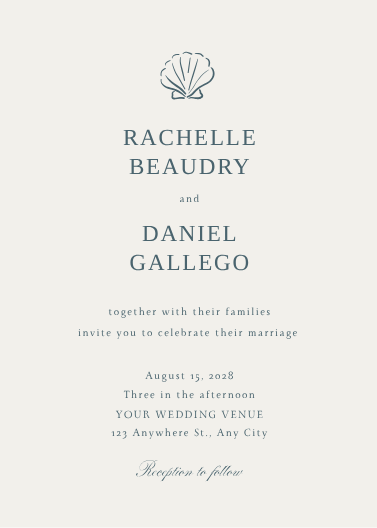 Beige & Blue Minimalist Sea Shell Beach Wedding Invitation