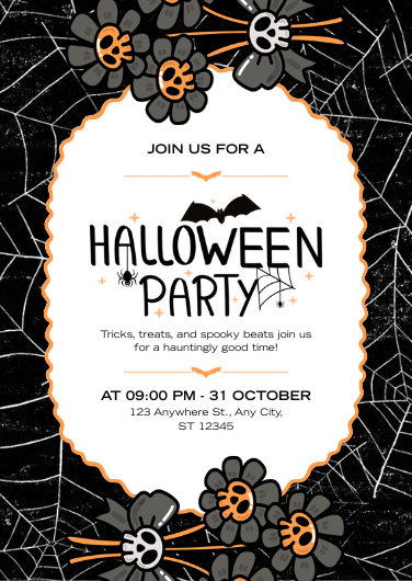 Black and Orange Skull Flower Halloween Party Invitation