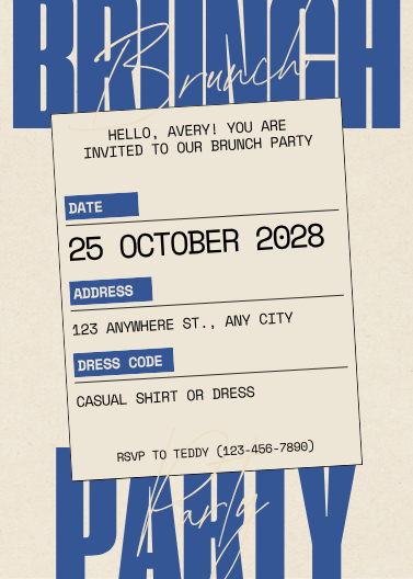Blue and Beige Ticket Style Brunch Party Invitation
