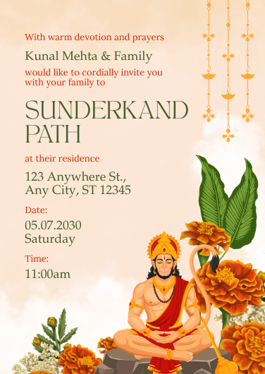 Sunderkand Path Invitation Card with Floral Hanuman Design