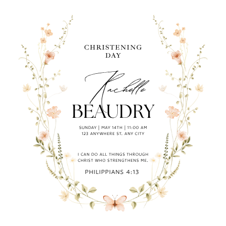 White and Black Delicate Floral Christening Invitation