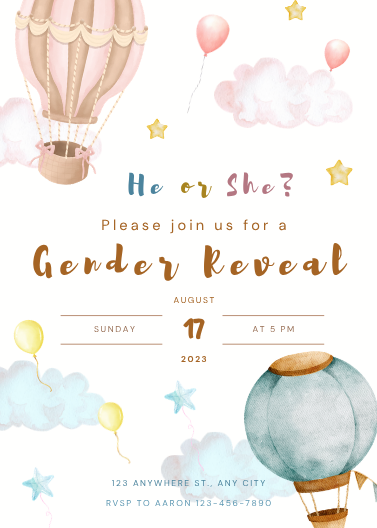 Pink and Blue Watercolor Hot Air Balloon Gender Reveal Invitation