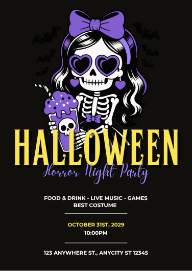 Purple and Black Cute Skeleton Halloween Party Invitation