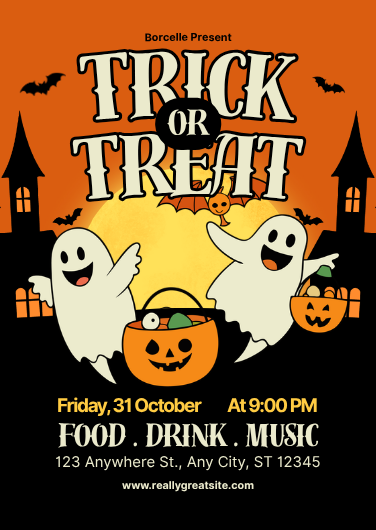 Orange and Black Illustrative Trick or Treat Invitation