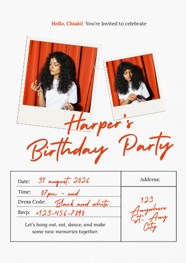 Red and White Polaroid Style Birthday Party Invitation