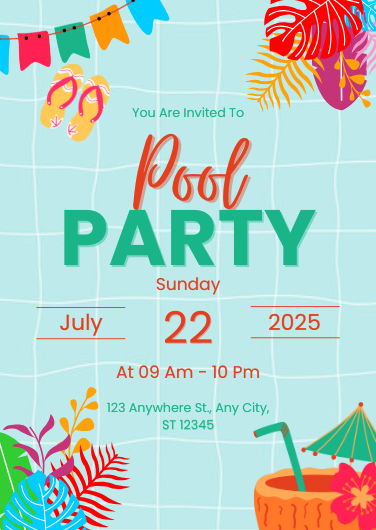Playful Pool Party Invitation in Vibrant Red and Teal