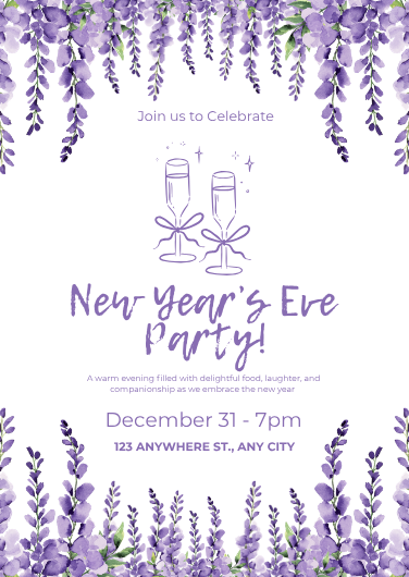 Purple Watercolor Floral New Year's Eve Party Invitation