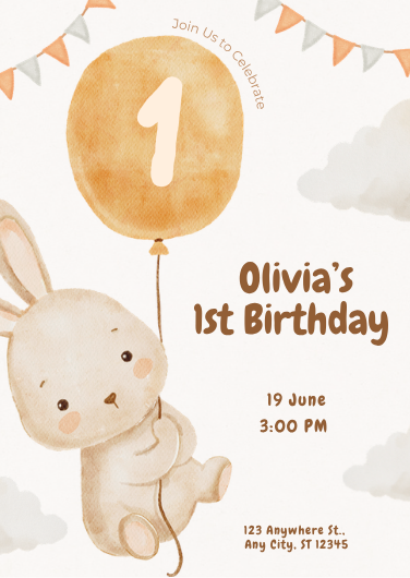 Cute Watercolor Bunny 1st Birthday Invitation Card