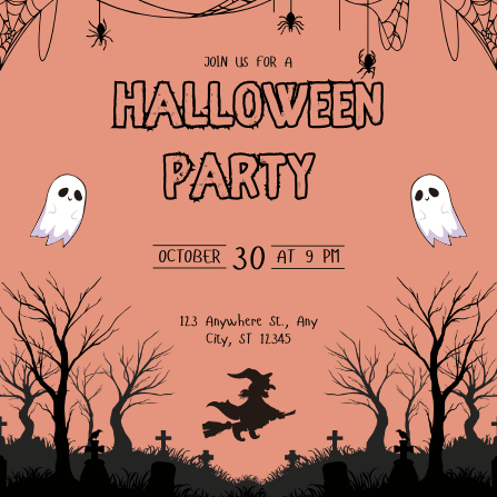 Spooky Peach and Black Halloween Party Invitation
